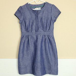 Boden Dress Blue Cotton Linen Blend Short Snap Buttons Cap Sleeves US 8 Petite
